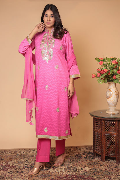 Pink Chanderi Silk Kurta Pant Dupatta Set: Gota Patti Ethnic Wear