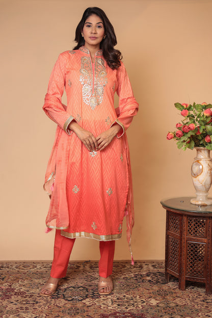 Peach Pure Chanderi Silk Suit Set – Elegant Straight Kurta with Pants & Dupatta