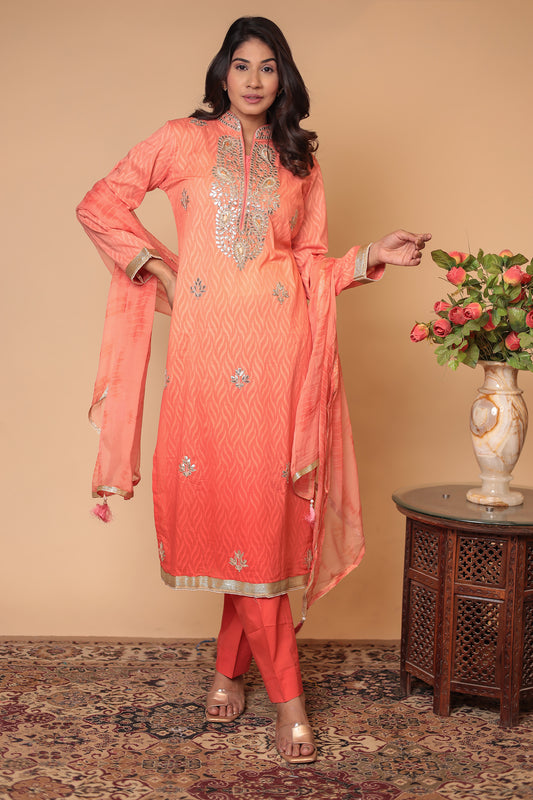 Peach Pure Chanderi Silk Suit Set – Elegant Straight Kurta with Pants & Dupatta