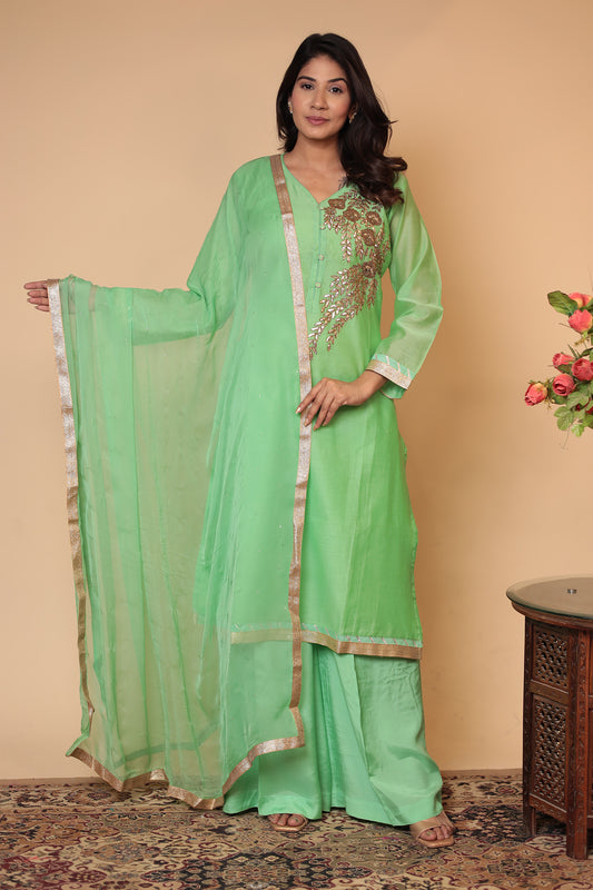 Green Chanderi Silk Embroidered Sharara Set: Traditional Indian Outfit