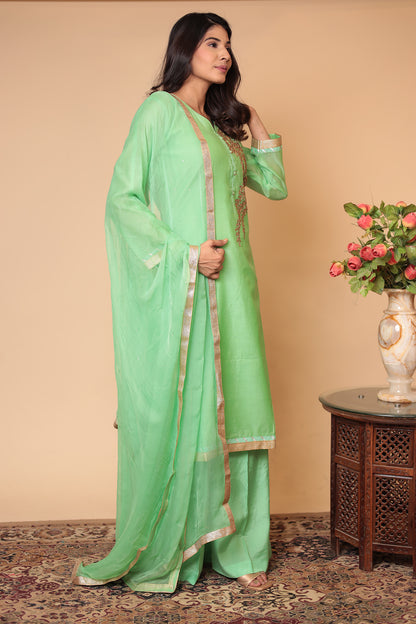 Green Chanderi Silk Embroidered Sharara Set: Traditional Indian Outfit
