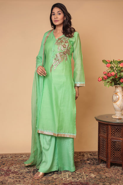 Green Chanderi Silk Embroidered Sharara Set: Traditional Indian Outfit
