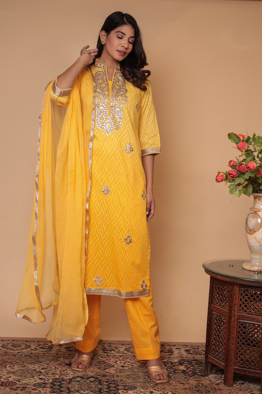 Pure Chanderi Silk Yellow Straight Kurta Set, Mirror Work Kurta with Pants & Dupatta