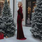 Wine Red Velvet Winter Evening Dress for Women – Long Sleeve Body-Fit Gown