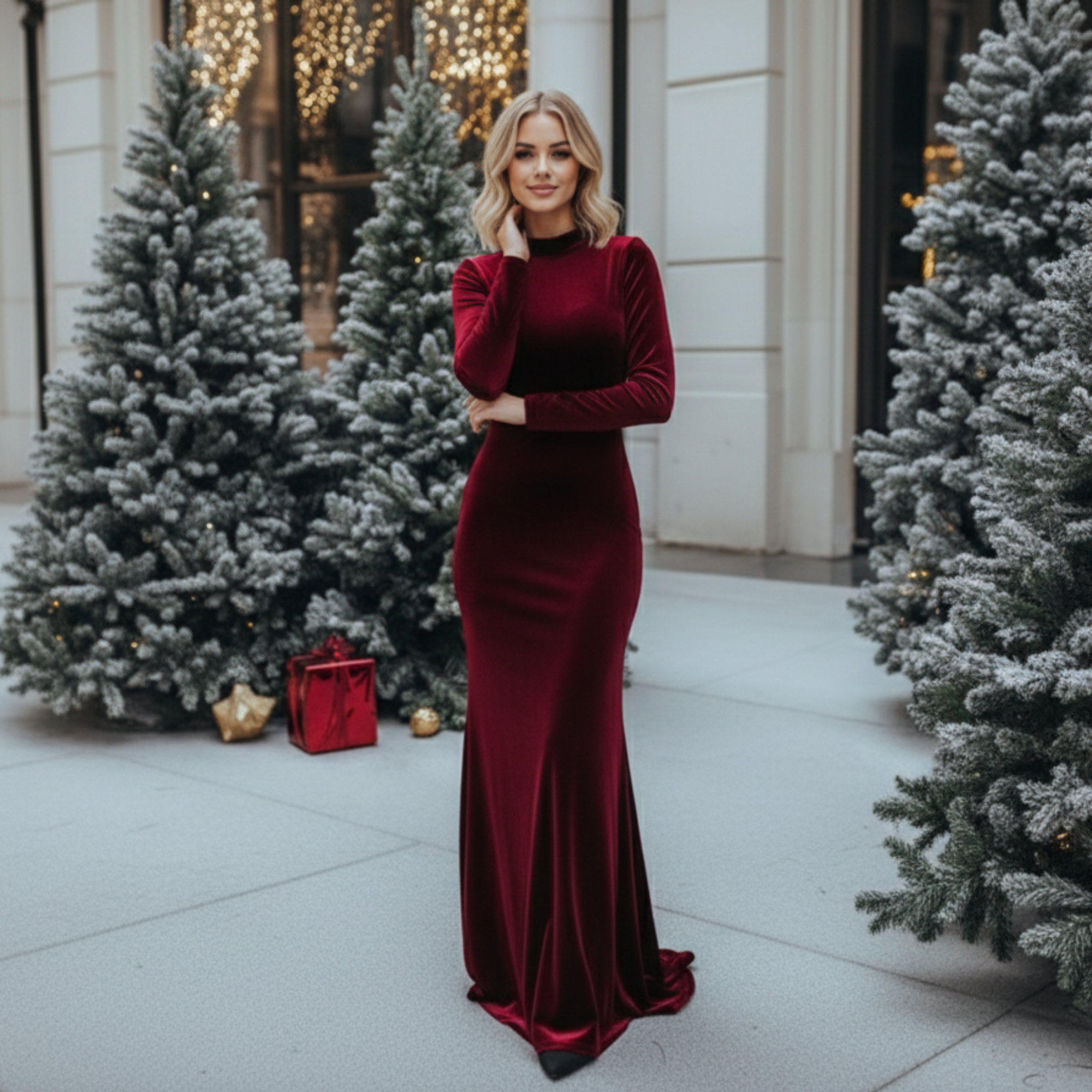 Wine Red Velvet Winter Evening Dress for Women – Long Sleeve Body-Fit Gown