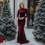 Wine Red Velvet Winter Evening Dress for Women – Long Sleeve Body-Fit Gown