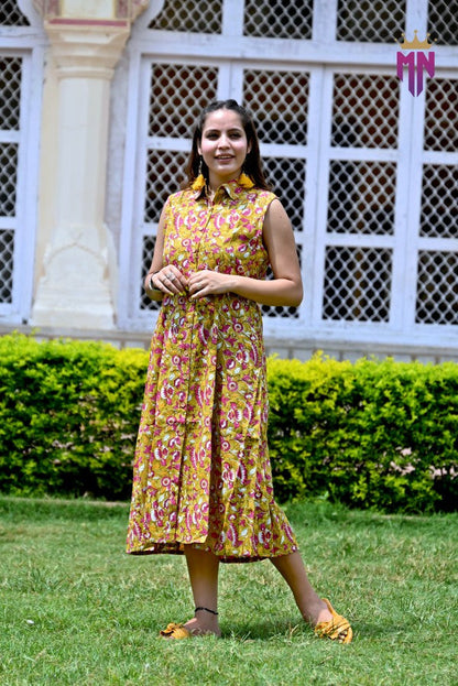 Women’s Yellow Cotton Midi Dress | Sleeveless Floral Shirt Style Dress