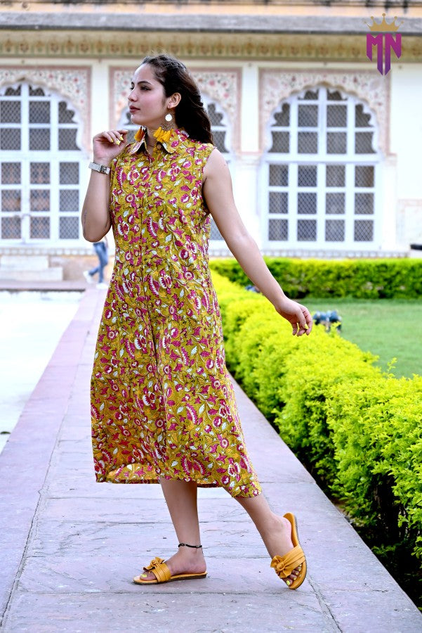 Women’s Yellow Cotton Midi Dress | Sleeveless Floral Shirt Style Dress