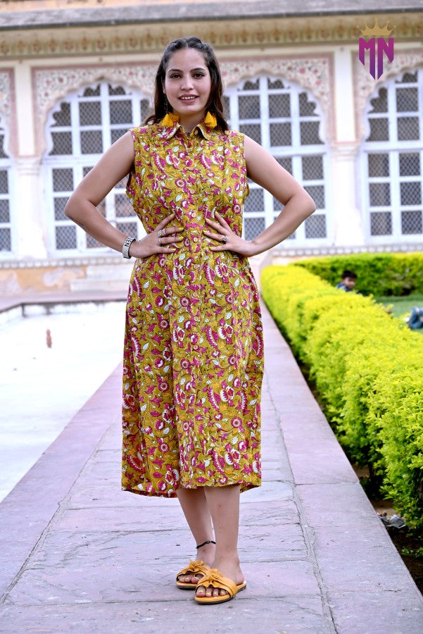 Women’s Yellow Cotton Midi Dress | Sleeveless Floral Shirt Style Dress
