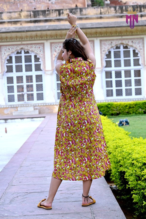 Women’s Yellow Cotton Midi Dress | Sleeveless Floral Shirt Style Dress