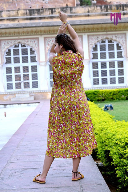 Women’s Yellow Cotton Midi Dress | Sleeveless Floral Shirt Style Dress