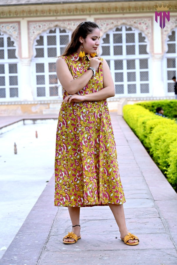 Women’s Yellow Cotton Midi Dress | Sleeveless Floral Shirt Style Dress