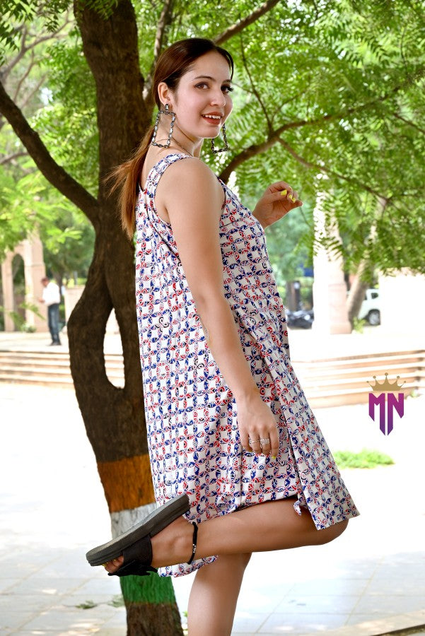 Women’s White Cotton Short Dress | Sleeveless Red & Blue Printed Dress