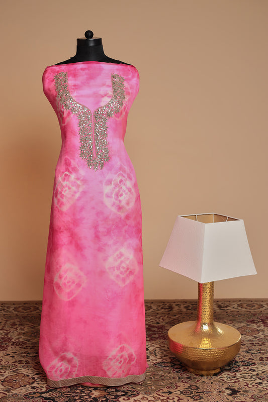 Light Pink Silk Blend suit with an Embroidered Neck and Organza Dupatta