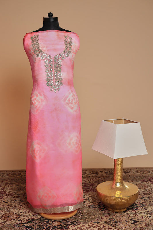 Pink Modal Silk Unstitched Suit Set with Shibori Print & Heavy Zari Work Dupatta