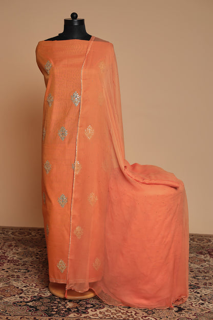 Vibrant Peach Orange Unstitched Cotton Silk Suit with Scattered Motif Work