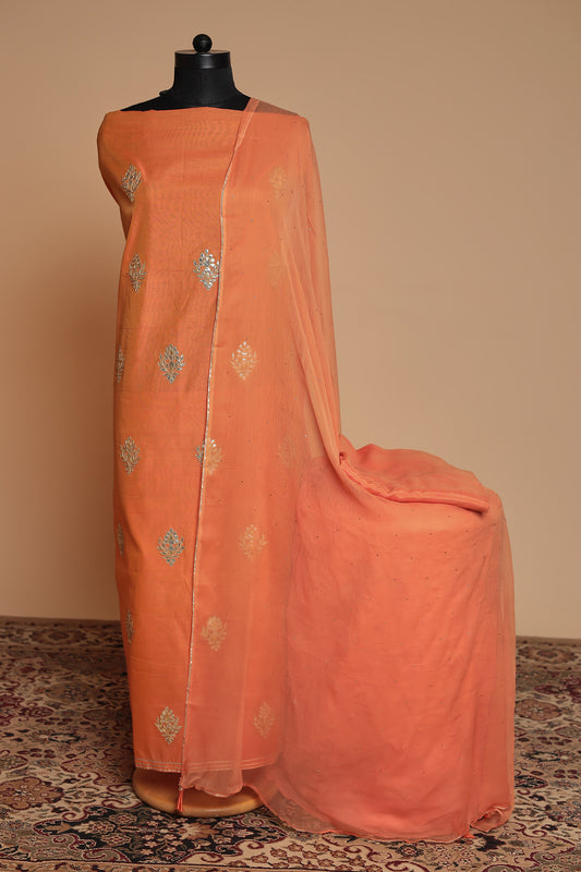 Vibrant Peach Orange Unstitched Cotton Silk Suit with Scattered Motif Work