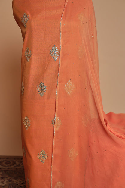 Vibrant Peach Orange Unstitched Cotton Silk Suit with Scattered Motif Work