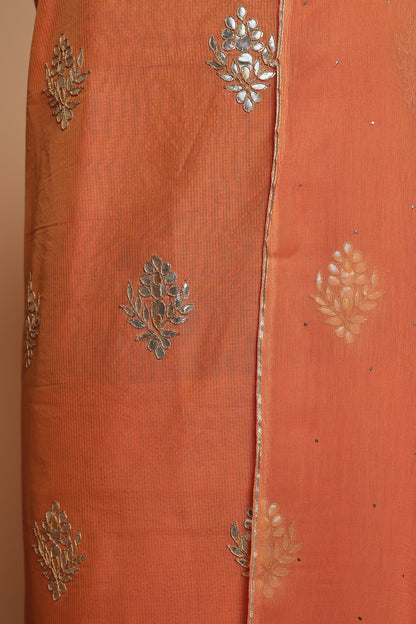 Vibrant Peach Orange Unstitched Cotton Silk Suit with Scattered Motif Work