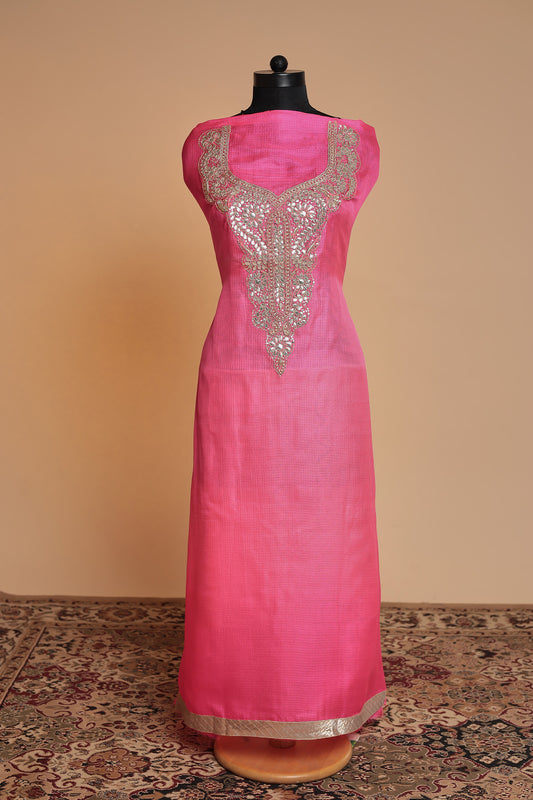 Deep Pink Modal Silk Unstitched Suit Set with Heavy Sequin Embroidery & Shibori Dupatta