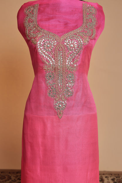 Deep Pink Modal Silk Unstitched Suit Set with Heavy Sequin Embroidery & Shibori Dupatta