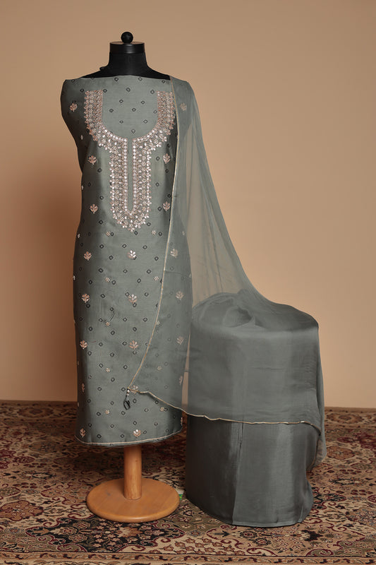 Elegant Grey Silk Unstitched Suit with Heavy Neckline and Mirror Work