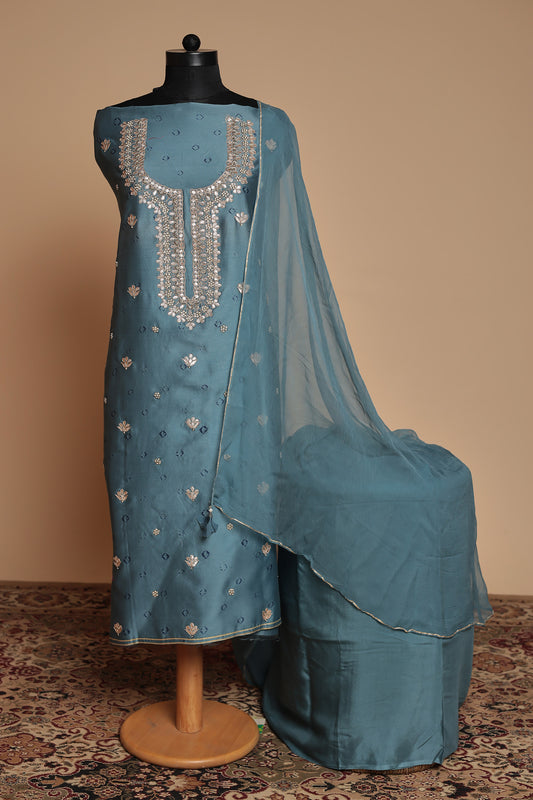 Teal Blue Pure Silk Unstitched Suit with Heavy Neckline & Foil Mirror Work