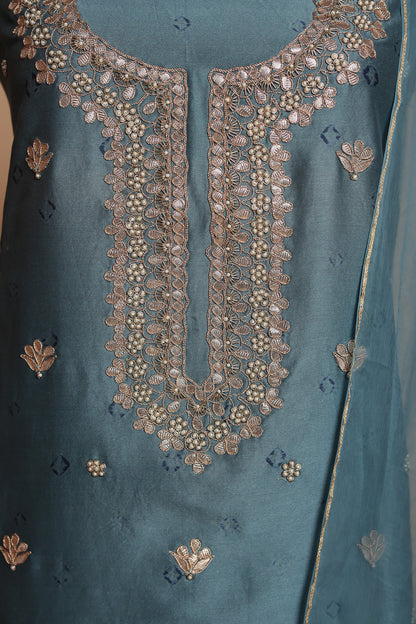 Teal Blue Pure Silk Unstitched Suit with Heavy Neckline & Foil Mirror Work