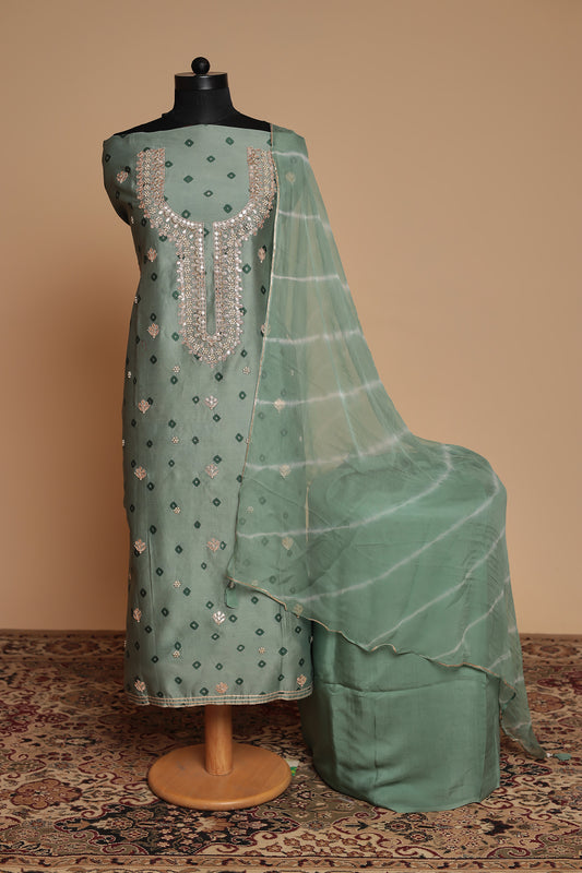 Sage Green Pure Silk Unstitched Suit with Heavy Neckline Work