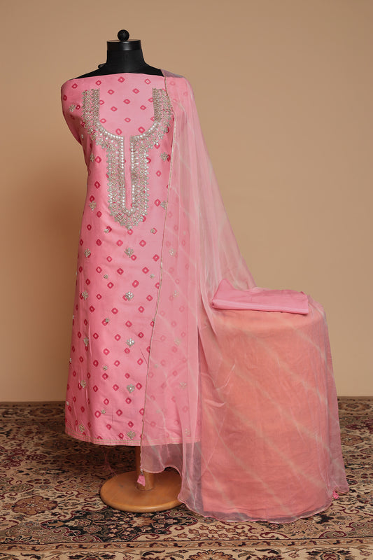 Light Pink Pure Silk Unstitched Suit Set with Heavy Mirror Work Neckline