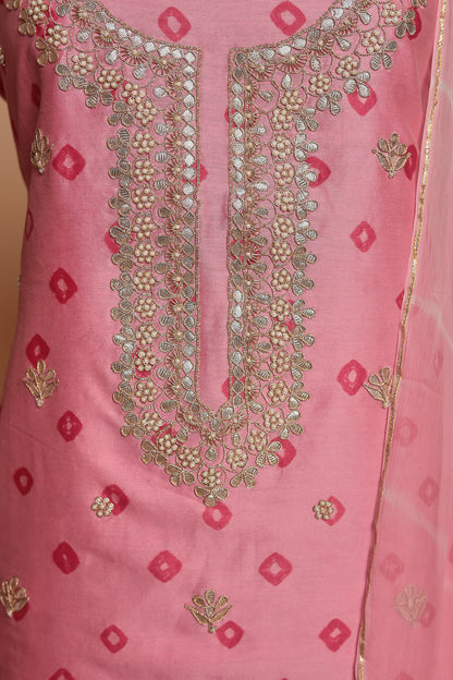 Light Pink Pure Silk Unstitched Suit Set with Heavy Mirror Work Neckline