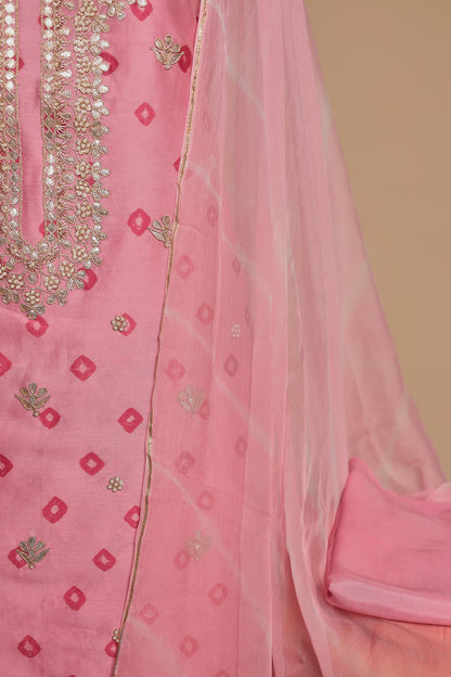 Light Pink Pure Silk Unstitched Suit Set with Heavy Mirror Work Neckline