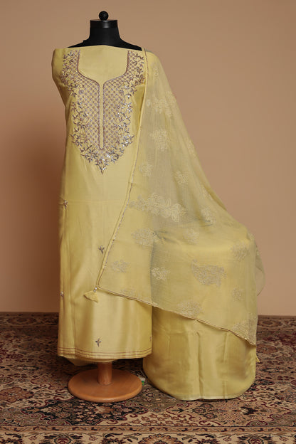 Elegant Sage Green Pure Silk Unstitched Suit with Heavy Zari Work Neckline