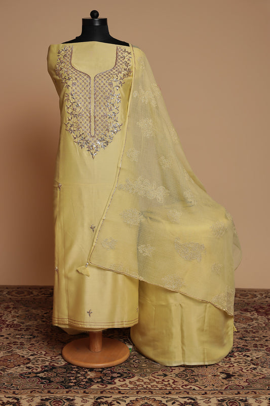 Elegant Sage Green Pure Silk Unstitched Suit with Heavy Zari Work Neckline