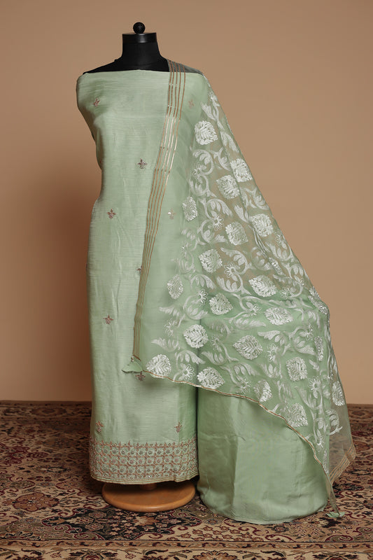 Designer Light Green Salwar Suit | Tone-on-Tone Floral Work