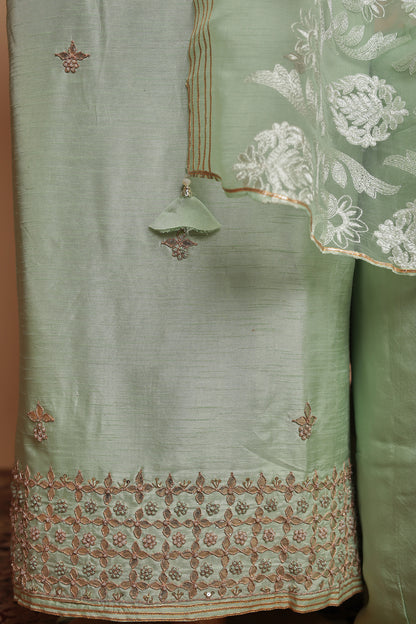 Designer Light Green Salwar Suit | Tone-on-Tone Floral Work