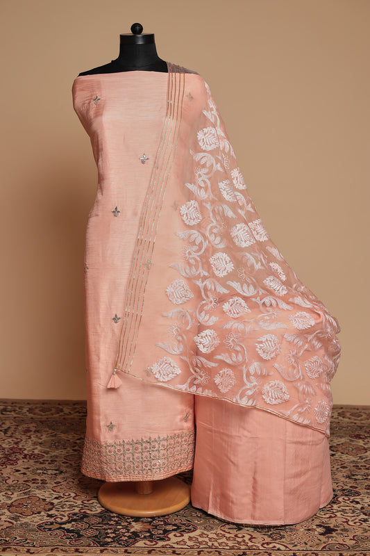 Elegant Peach Unstitched 3 Piece Suit Set with Embroidered Dupatta