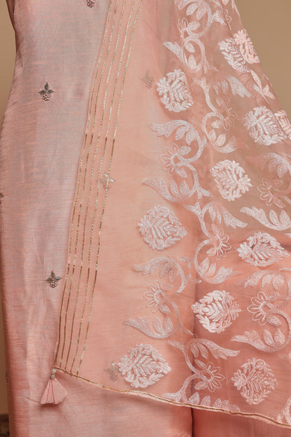 Elegant Peach Unstitched 3 Piece Suit Set with Embroidered Dupatta