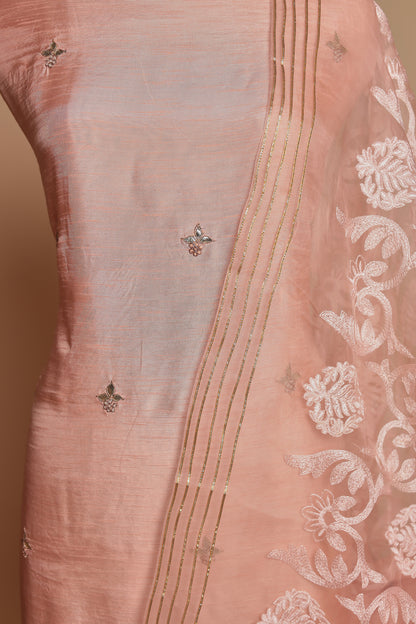 Elegant Peach Unstitched 3 Piece Suit Set with Embroidered Dupatta