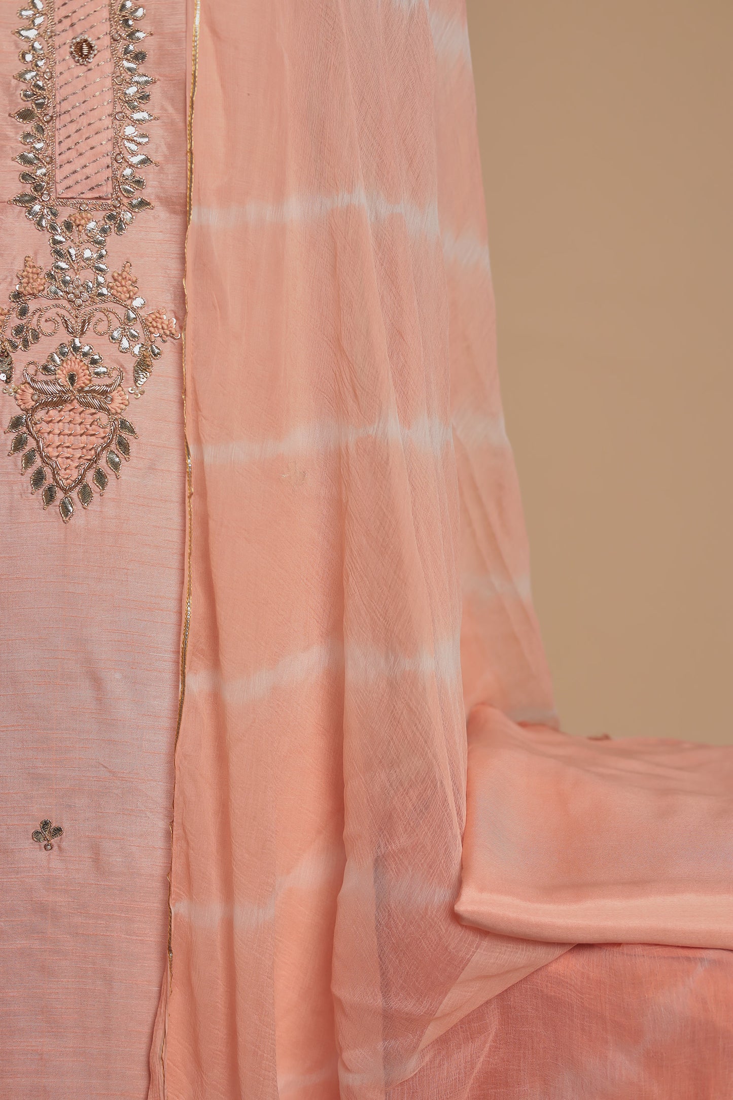 Luxury Peach Salwar Suit Material with Zari Embroidered Dupatta