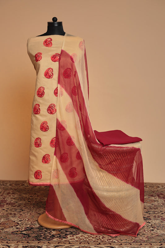 Festive Cotton Silk Suit Material | Paisley Thread Work | Vibrant Tie-Dye Dupatta
