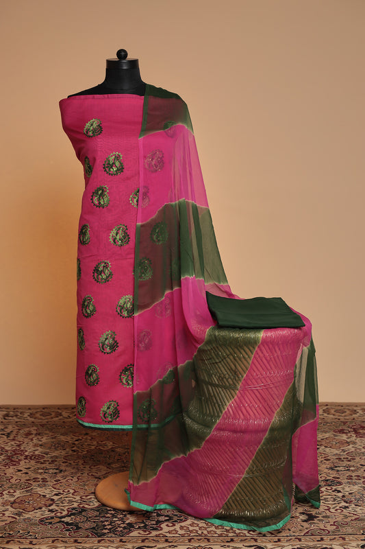 Festive Peach Pink Salwar Suit Fabric | Intricate Zari Embroidery
