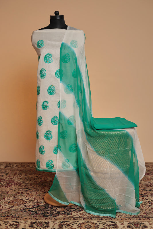 Elegant Rama Green & White Salwar Suit Fabric | Unstitched 3-Piece Set for Festivities
