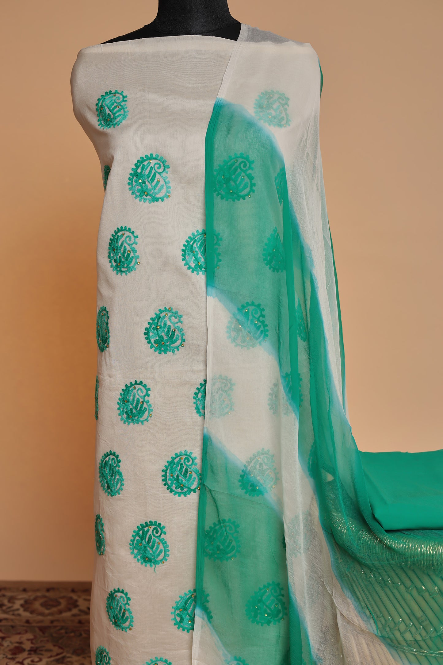 Elegant Rama Green & White Salwar Suit Fabric | Unstitched 3-Piece Set for Festivities