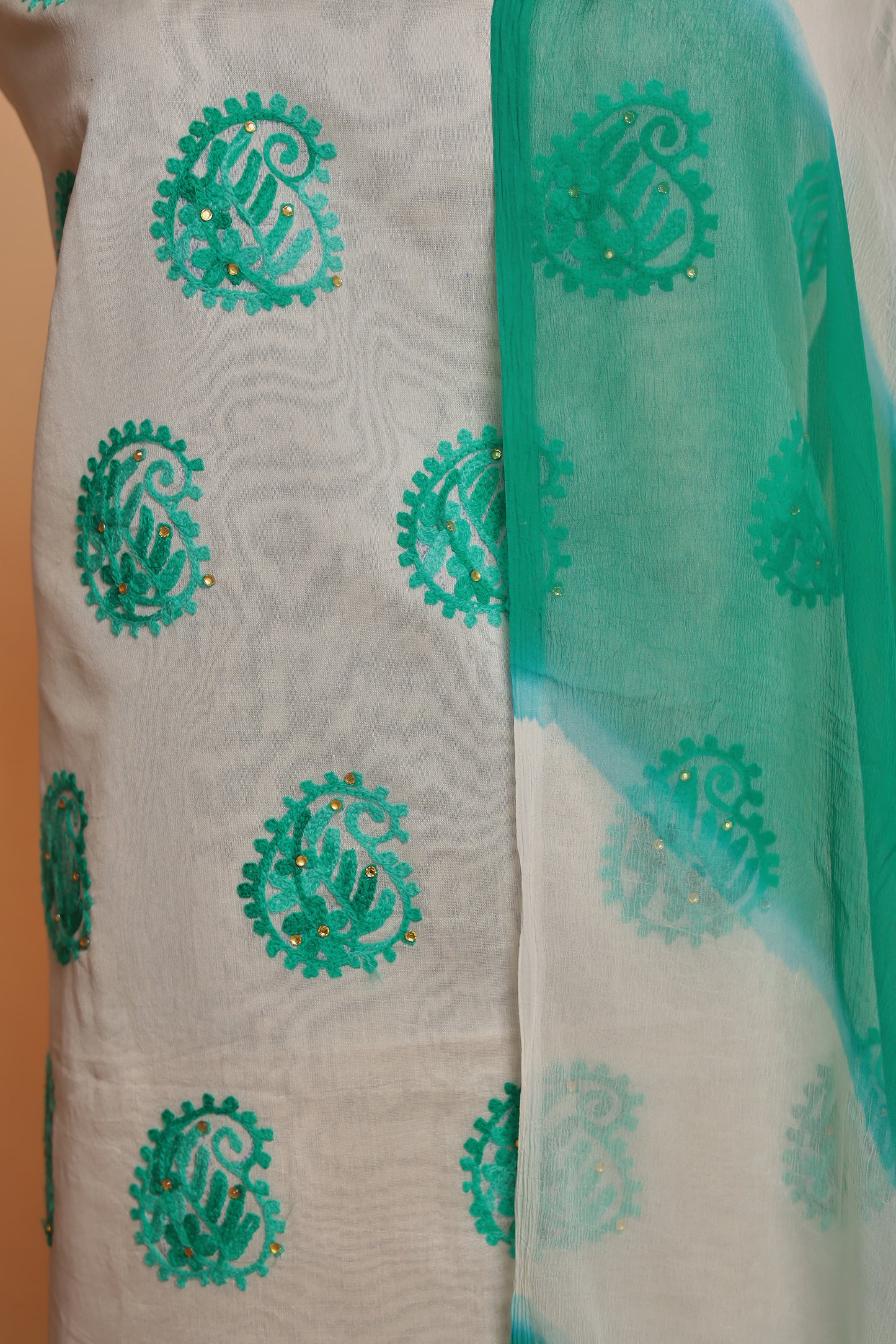 Elegant Rama Green & White Salwar Suit Fabric | Unstitched 3-Piece Set for Festivities