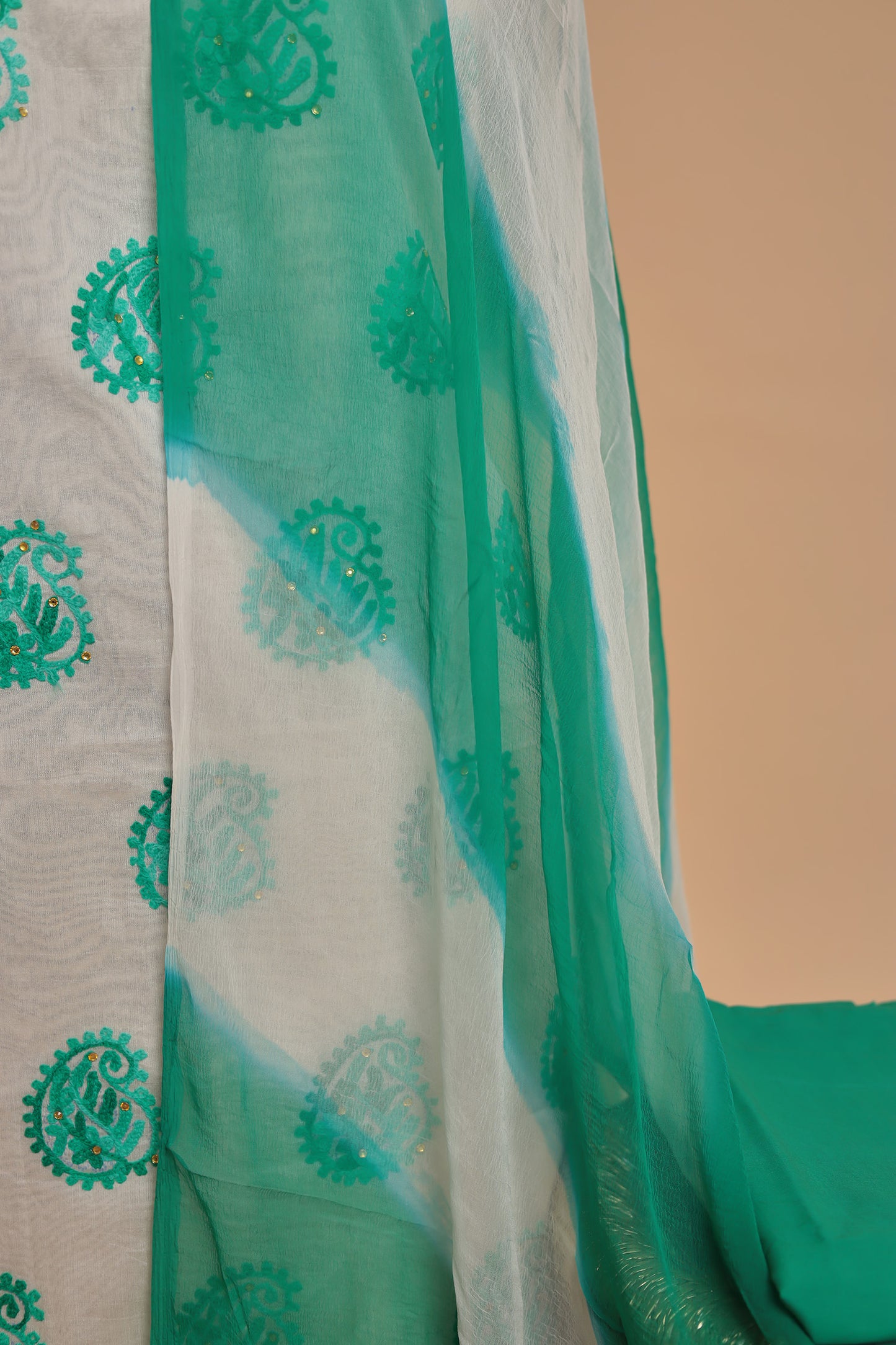 Elegant Rama Green & White Salwar Suit Fabric | Unstitched 3-Piece Set for Festivities