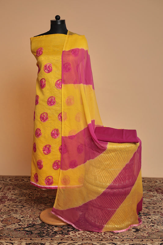 Festive Yellow Salwar Suit Fabric | Bold Color-Block Design | Unstitched 3-Piece Set