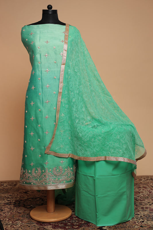 Mint Green Unstitched Chanderi Silk Suit with Heavy Border and All-Over Sequin Work