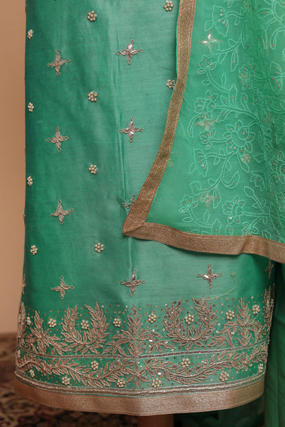 Mint Green Unstitched Chanderi Silk Suit with Heavy Border and All-Over Sequin Work