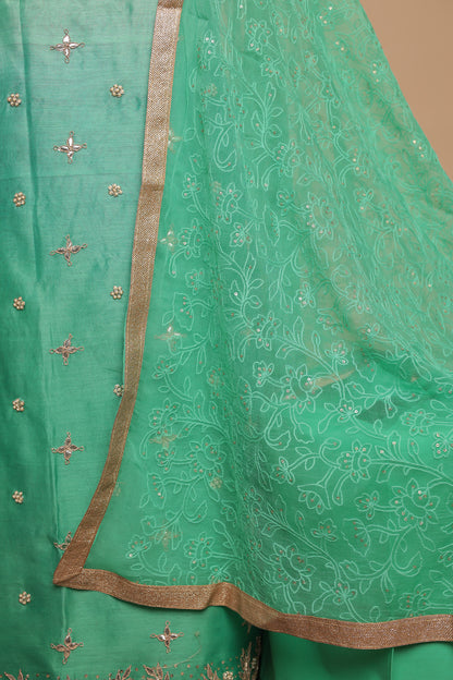 Mint Green Unstitched Chanderi Silk Suit with Heavy Border and All-Over Sequin Work